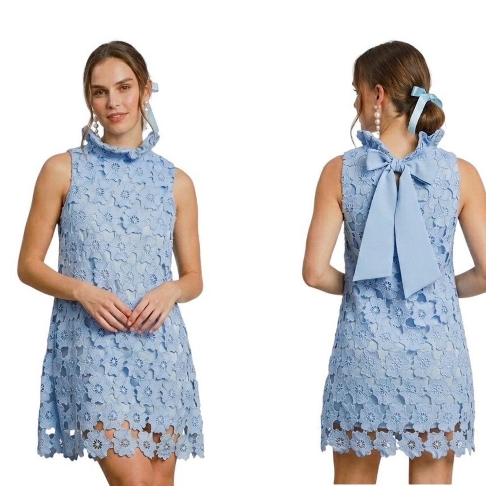 Umgee NWT Floral Crochet Blue Dress Large Ruffle Bow Romantic Fairy Wedding Lace
